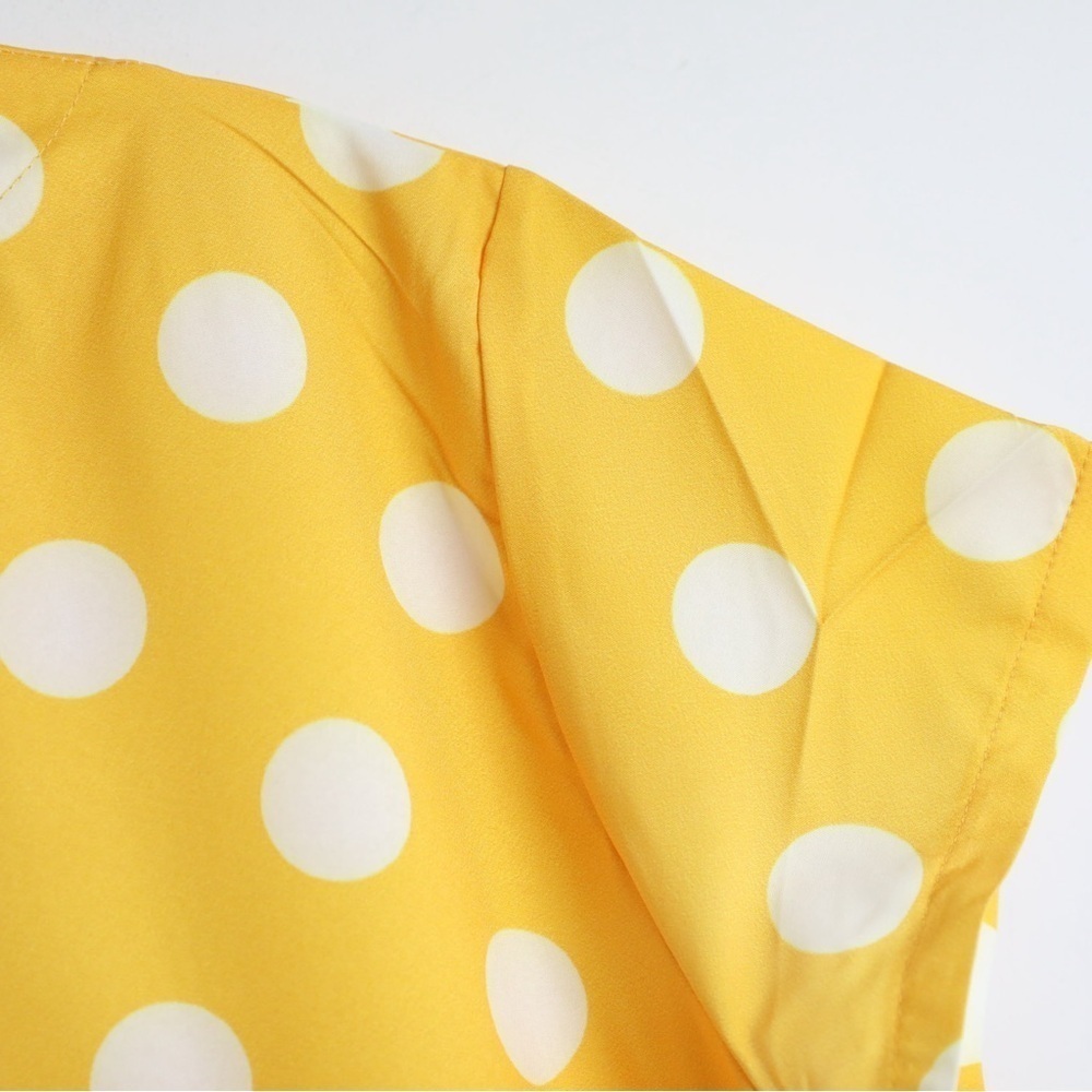 Misslook Polka Dot Yellow dress Short Sleeve V-Neck lace trim midi summer bright - Picture 8 of 8